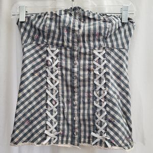 Med Guess Button up Strapless Corset Laced Top, Boned Blouse Floral Cottagecore